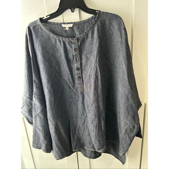 Eileen Fisher Womens Denim Look 100% Linen Popover Top Buttons Pockets XL - Picture 1 of 5